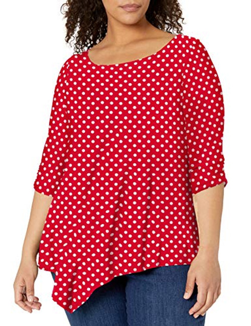 Star Vixen Womens Plus-Size Elbow-Cinch Sleeve Hanky Hem Top red White dot 3X