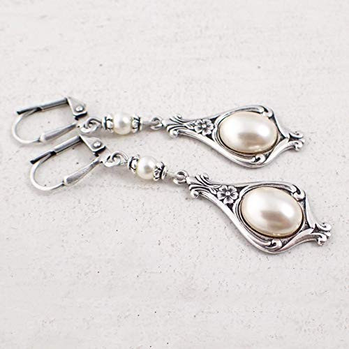 Ivory-Colored Simulated Pearl Cabochon Earrings in Antiqued Silver-Plated Brass