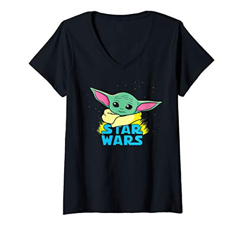 Womens Star Wars The Mandalorian The Child Comic Book Illustration V-Neck T-Shirt