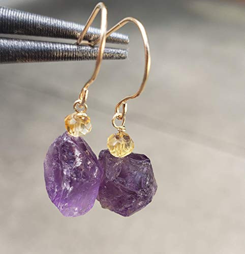 Raw Amethyst and natural faceted citrine drop earring dangle earring with sterling silver hook uniquelan jewelry AmethystAmetrine CitrineSunstone