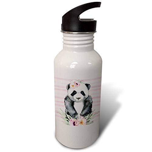 3dRose Cute Image Of Watercolor Panda Bear With Flowers Design - Straw Water Bottle 21oz  Flip White