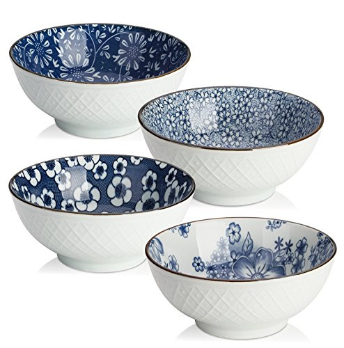 Y YHY Ceramic Cereal/Soup/Salad Bowls, 16oz Japanese bowls, Set of 4 Assorted Designs, Blue and White