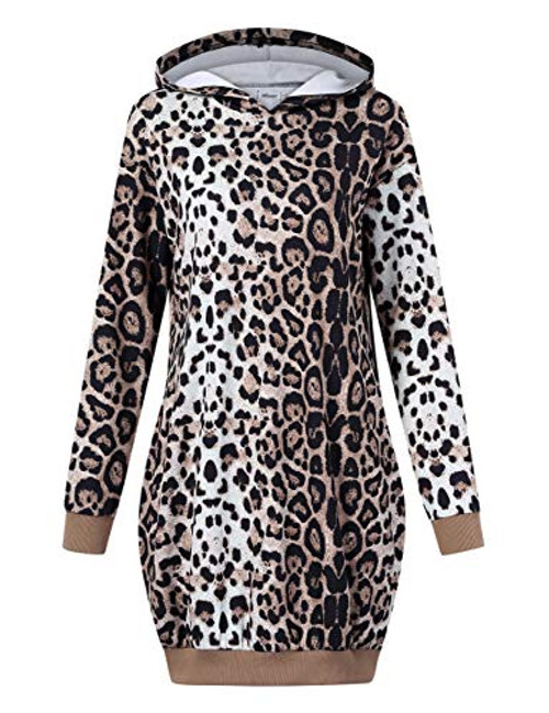 MISSKY Womens Long Sleeve Pockets Tunic Pullover Hoodie DressLeopard XL