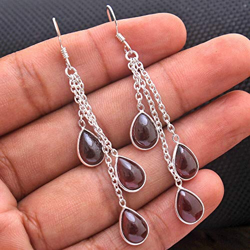 Garnet Gemstone Sterling Silver Drop Chandelier Earrings for Women and Girls Bezel Set Ear-Wire Earrings Red Bridesmaid Earrings Mothers Day Gift