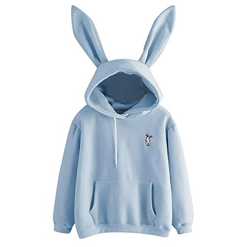 Hoodies for Women Rabbit Ears Long Sleeve Casual Sweatshirt Pullover Tops Blouse Lovely Loose Pockets Top Blue