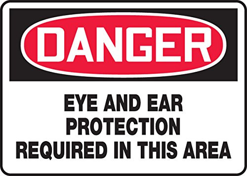 Accuform MPPE035VA Aluminum Safety Sign Legend inch Danger Eye and Ear Protection Required in This Area inch  7 inch  Length x 10 inch  Width Red Black on White