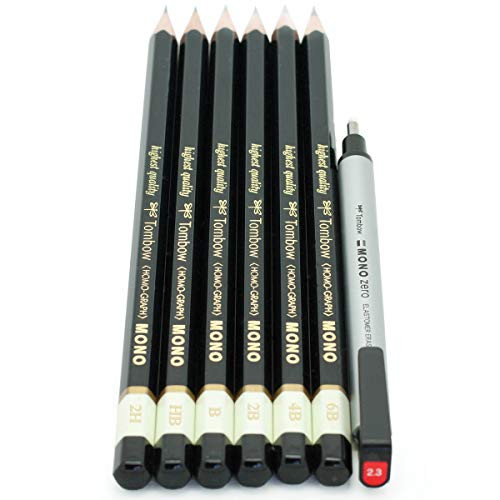 Tombow Mono Drawing Pencils 6 Pkg  and  Eraser Set-2H HB B 2B 4B  and  6B