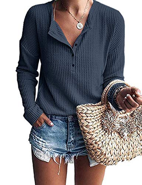 WNEEDU Womens Waffle Knit Tunic Tops Loose Long Sleeve Button Up V Neck Henley Shirts Purple Gray S WNEEDU Womens Waffle Knit Tunic Tops Loose Long Sleeve Button Up V Neck Henley Shirts Purple Gray S