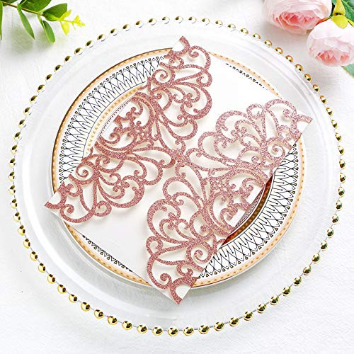 PONATIA 20 PCS Rose Gold Glitter Laser Cut Wedding Invitations Pockets Invitations with Envelopes for Wedding Bridal Shower Engagement Birthday Invite