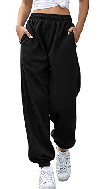 Womens Cinch Bottom Sweatpants Pockets High Waist Sporty Gym Athletic Fit Jogger Pants Lounge Trousers  Black XL