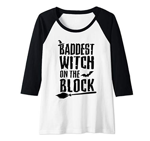 Womens Baddest Witch On The Block Apparel Broom Hat Witchcraft Cute Raglan Baseball Tee
