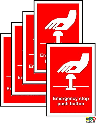 Emergency Stop Push button Safety Sign - Self adhesive sticker 150mm x 100mm  PACK OF 5 STICKERS