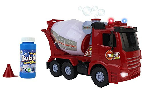 Happy Bubbles Bump & Go Bubble Blowing Battery Operated Toy Cement Mixer Truck w/ Lights, Sounds, Funnel, & Bubbles