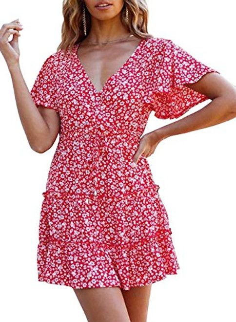 CORAFRITZ Womens Summer Mini Dress Floral Print Ruffled Flowy Dress V Neck Swing Short Dress Red