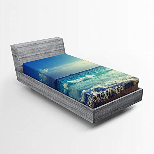 Ambesonne Ocean Fitted Sheet Tropical Island Paradise Beach at Sunset Time with Waves and The Misty Sea Image Soft Decorative Fabric Bedding All-Round Elastic Pocket Twin Size Turquoise Cream