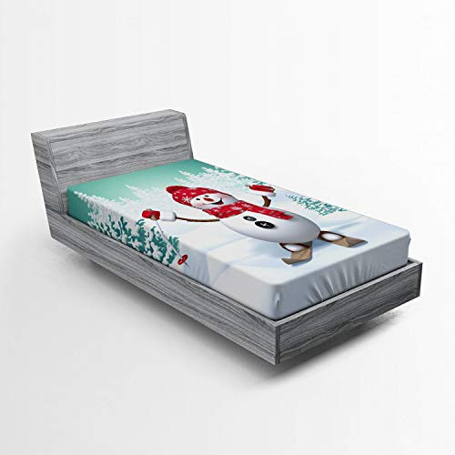 Ambesonne Christmas Fitted Sheet Snow Covered Mountain with Fir Trees and Skiing Snowman Fun Holiday Activity Soft Decorative Fabric Bedding All-Round Elastic Pocket Twin Size White Teal