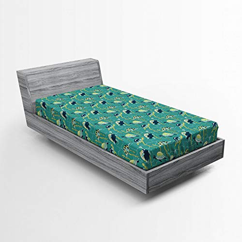 Ambesonne Turtle Fitted Sheet Underwater Wildlife Composition with Wavy Ocean and Colorful Animals with Shells Soft Decorative Fabric Bedding All-Round Elastic Pocket Twin Size Green Indigo