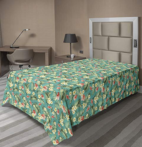 Lunarable Tropical Flat Sheet Floral Summer Pattern with Tropical Palm Tree Leaves Plumeria Flowers Botany Theme Soft Comfortable Top Sheet Decorative Bedding 1 Piece Twin Size Green Red