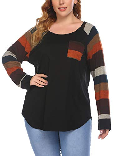 INVOLAND Womens Plus Size Tee Shirt Striped Short Sleeve Tunic Top Raglan Scoop Neck Cotton Blouse