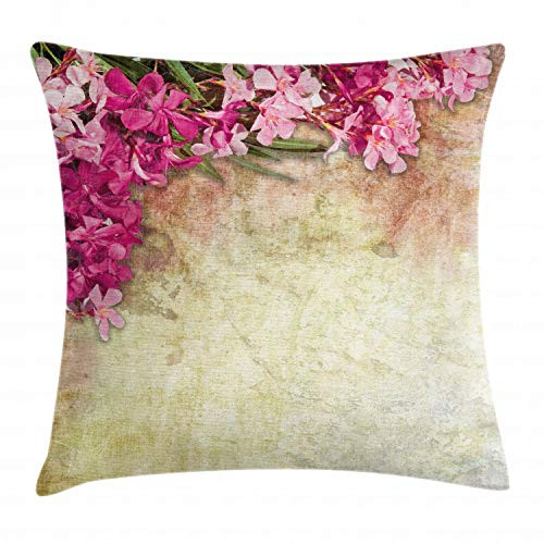 Ambesonne Floral Throw Pillow Cushion Cover Vintage Illustration of Oleander Flowers Distressed Retro Background Decorative Square Accent Pillow Case 20 inch  X 20 inch  Green Yellow
