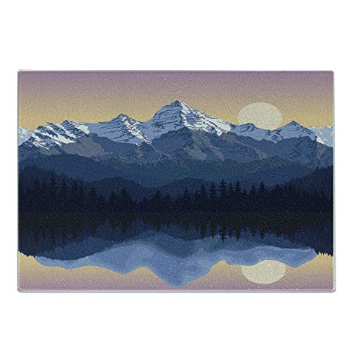 Ambesonne Landscape Cutting Board Print of Digital Art of Mountain Reflection on Lake Snowy Mountains Decorative Tempered Glass Cutting and Serving Board Small Size Dark Blue and Champagne