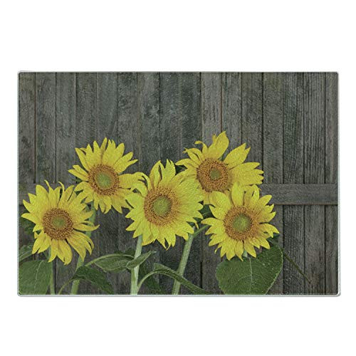 Ambesonne Sunflower Cutting Board Helianthus Sunflowers Against Weathered Aged Fence Summer Garden Photo Decorative Tempered Glass Cutting and Serving Board Small Size Brown Yellow Green