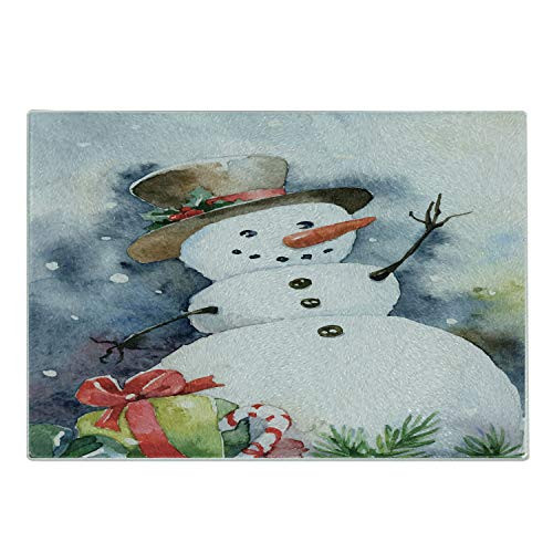 Ambesonne Snowman Cutting Board Painting Like Design of a Snow Silhouette in a Christmas Hat with Presents Decorative Tempered Glass Cutting and Serving Board Small Size Multicolor