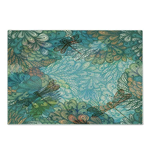 Ambesonne Dragonfly Cutting Board Fantasy Flowers Mixed in Various Tones Shabby Chic Feminine Beauty Print Decorative Tempered Glass Cutting and Serving Board Small Size Turquoise Amber