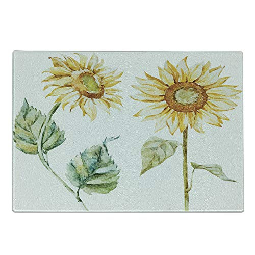 Ambesonne Watercolor Cutting Board Alluring Sunflowers Summer Inspired Design Agriculture Decorative Tempered Glass Cutting and Serving Board Small Size Earth Yellow Pale Yellow Green
