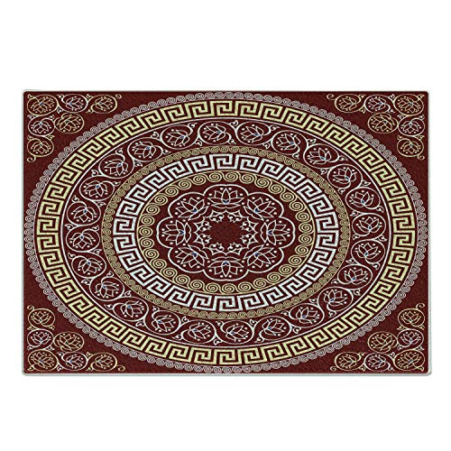 Ambesonne Greek Key Cutting Board Round and Square Ornament Meander with Floral Motifs and Spirals Decorative Tempered Glass Cutting and Serving Board Small Size Ruby Pale Yellow White