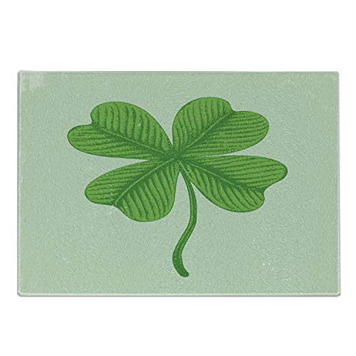 Lunarable Shamrock Cutting Board Grunge Effect with 4 Leaf Lucky Celtic Clover Irish Folklore Motif Decorative Tempered Glass Cutting and Serving Board Small Size Green and Pale Green