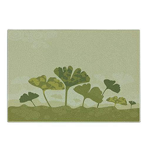 Ambesonne Gingko Cutting Board Tree Leaf Stem Biloba Natural Curved Leaves Seasonal Harvest Graphic Decorative Tempered Glass Cutting and Serving Board Small Size Olive Green and Beige