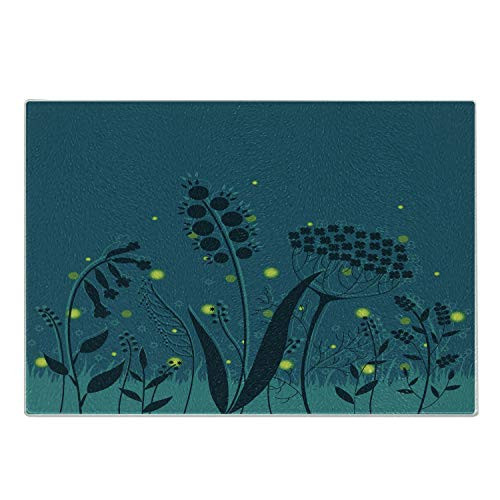 Ambesonne Firefly Cutting Board Summer Night Forest Grass Ferns Branches Botanical Leaves with Bugs Print Decorative Tempered Glass Cutting and Serving Board Small Size Dark Teal Yellow