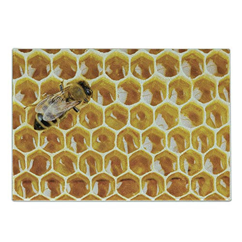 Ambesonne Honeycomb Cutting Board Working Bee on Honeycomb Cells Nature Photography Idyllic Scene Composition Decorative Tempered Glass Cutting and Serving Board Small Size Black and Yellow