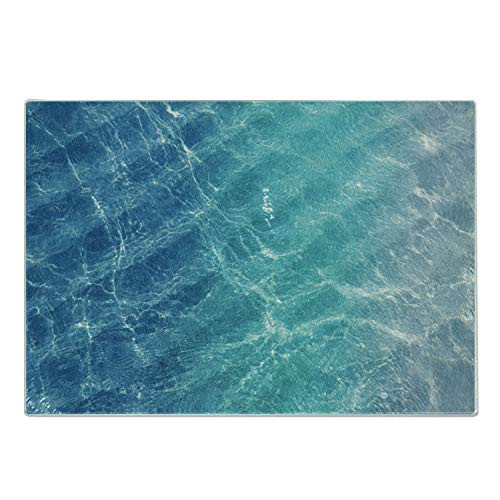 Lunarable Ocean Cutting Board Close up Photograph of Sea Water Ripples in Serenity Decorative Tempered Glass Cutting and Serving Board Small Size Sea Blue Dark Seafoam