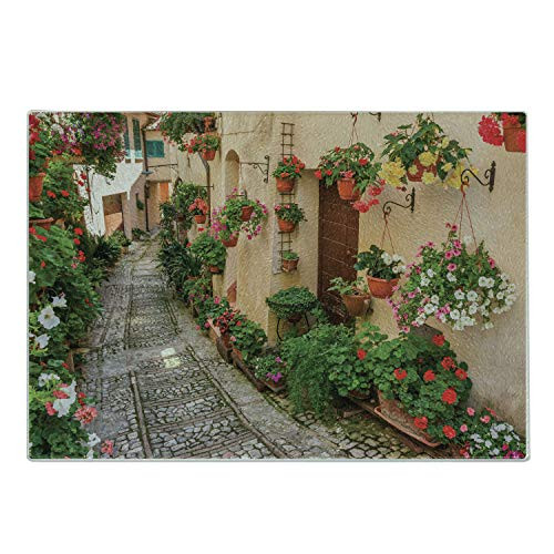 Lunarable Tuscan Cutting Board Entrance to Mediterranean Tuscan House Rustic Wooden Door and Colorful Flowers Image Decorative Tempered Glass Cutting and Serving Board Small Size Multicolor