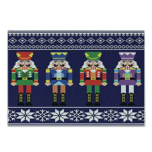 Lunarable Nutcracker Cutting Board Colorful Retro Style Pattern with Xmas and Scandinavian Motifs Decorative Tempered Glass Cutting and Serving Board Small Size Indigo and White