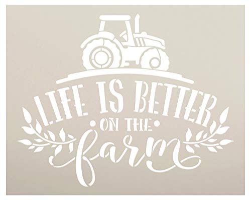Life Better on Farm Stencil by StudioR12   DIY Country Farmhouse Home Decor   Craft  and  Paint Wood Sign   Reusable Mylar Template   Tractor Laurel Cursive Script   Select Size  15 inches x 12 inches