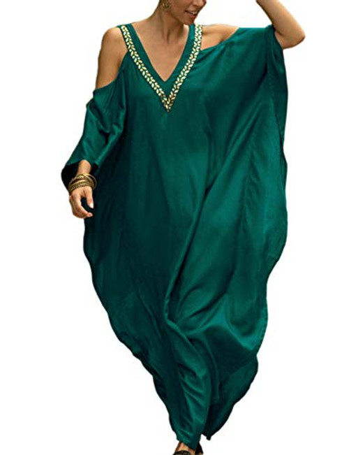 Bsubseach Women Cold Shoulder V Neck Plus Size Bikini Swimsuit Cover Ups Beach Maxi Dress Peacock Green