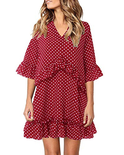 ZANZEA Women Summer Tunic Dress V Neck Ruffle Polka Dot Casual Loose Short T-Shirt Dress Swing Shift Dress Mini Dress Wine Red S ZANZEA Women Summer Tunic Dress V Neck Ruffle Polka Dot Casual Loose Short T-Shirt Dress Swing Shift Dress Mini Dress Wine Red S