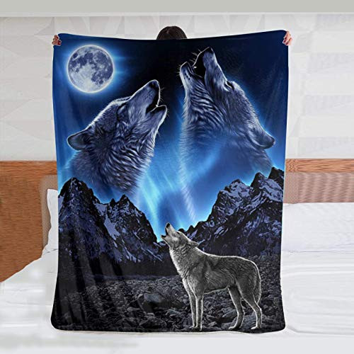 JASMODER Wolves Howling Moon Throw Blanket Warm Ultra-Soft Micro Fleece Blanket for Bed Couch Living Room