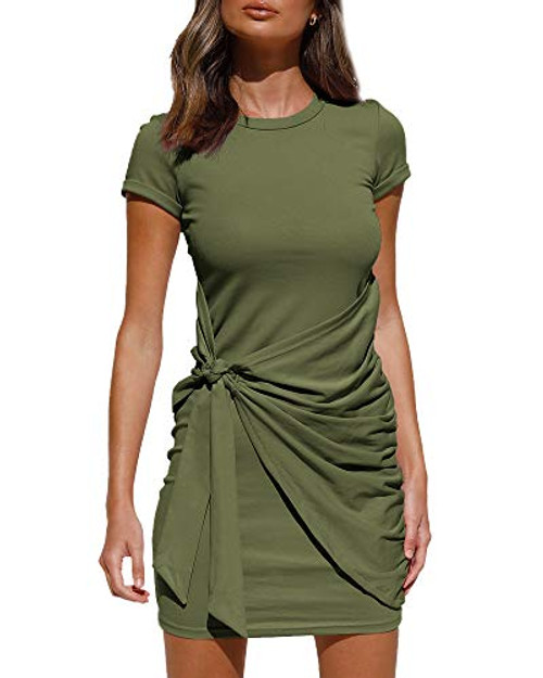 LILLUSORY Womens Summer T Shirt Dress Casual Short Sleeve Crewneck Bodycon Ruched Tie Waist Mini Dresses Army Green LILLUSORY Womens Summer T Shirt Dress Casual Short Sleeve Crewneck Bodycon Ruched Tie Waist Mini Dresses Army Green