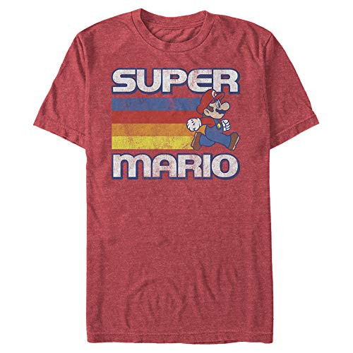 Mens Nintendo Super Mario Rainbow Stripes T-Shirt - Red Heather - X Large