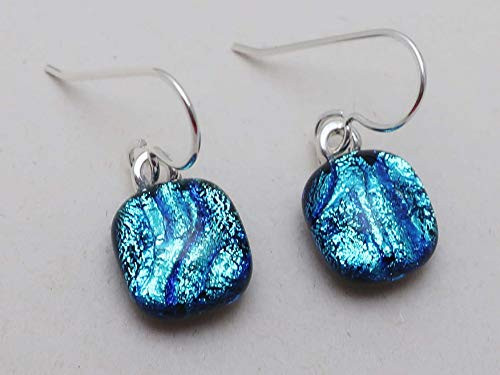 Mini Aqua silver blue textured fused dichroic drop earrings Sterling silver ear wires 111