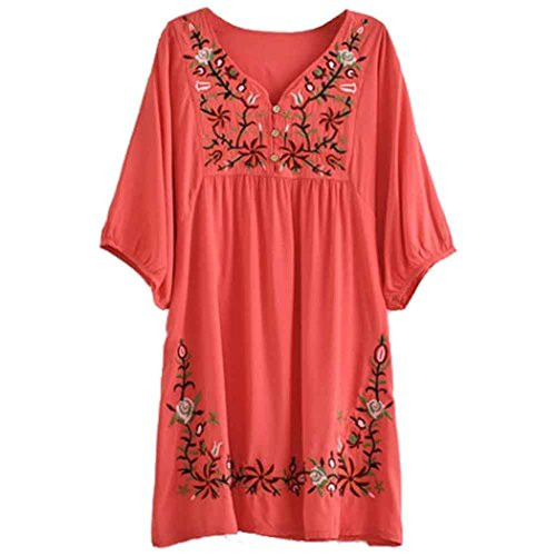 Kafeimali Summer Dress V Neck Mexican Embroidered Peasant Womens Dressy Tops Blouses  Red
