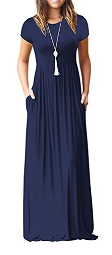 HIYIYEZI Womens Short Sleeve Loose Plain Maxi Dresses Casual Long Dresses with Pockets  XL 02 Navy Blue- Short Sleeves