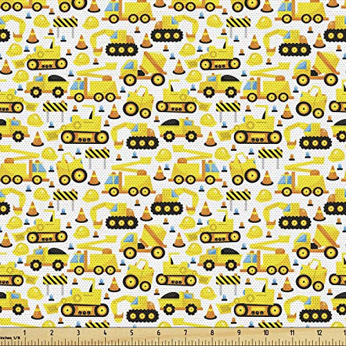 Lunarable Nursery Fabric by The Yard Construction Vehicles Cartoon Style Machines Safety Building Theme Decorative Fabric for Upholstery and Home Accents Yellow White Black