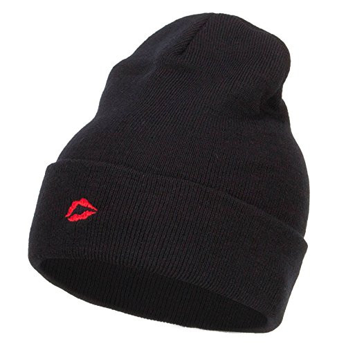 e4Hats.com Mini Lips Embroidered Long Beanie - Black OSFM