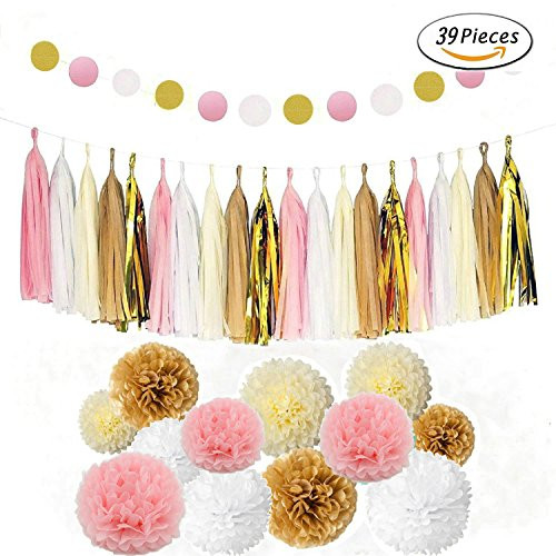 Sopeace 39 Pcs Tissue Paper Pom Poms Flowers Tissue Tassel Garland Polka Dot Paper Garland Kit for Wedding Party Decorations