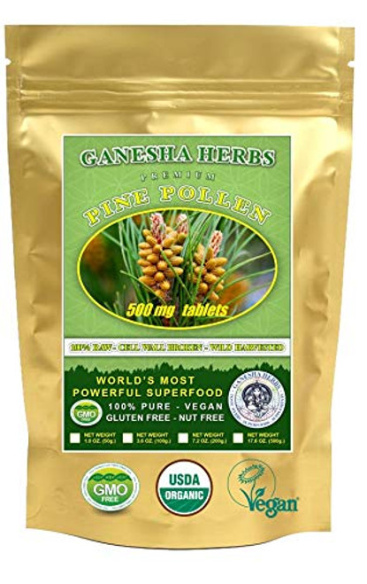 100 percent Pure Raw  and  Wild Harvested  Broken Cell-Wall  Pine Pollen 200 Tablets x 500 mg  Organic - Non GMO - Vegan - Gluten Free  Powerful SUPERFOOD 100 percent Pure Raw  and  Wild Harvested  Broken Cell-Wall  Pine Pollen 200 Tablets x 500 mg  Organic - Non GMO - Vegan - Gluten Free  Powerful SUPERFOOD